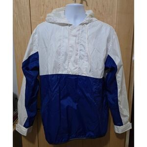 MTAPRO Vintage White Blue Pullover Nylon Windbreaker Jacket L With Hood Pockets